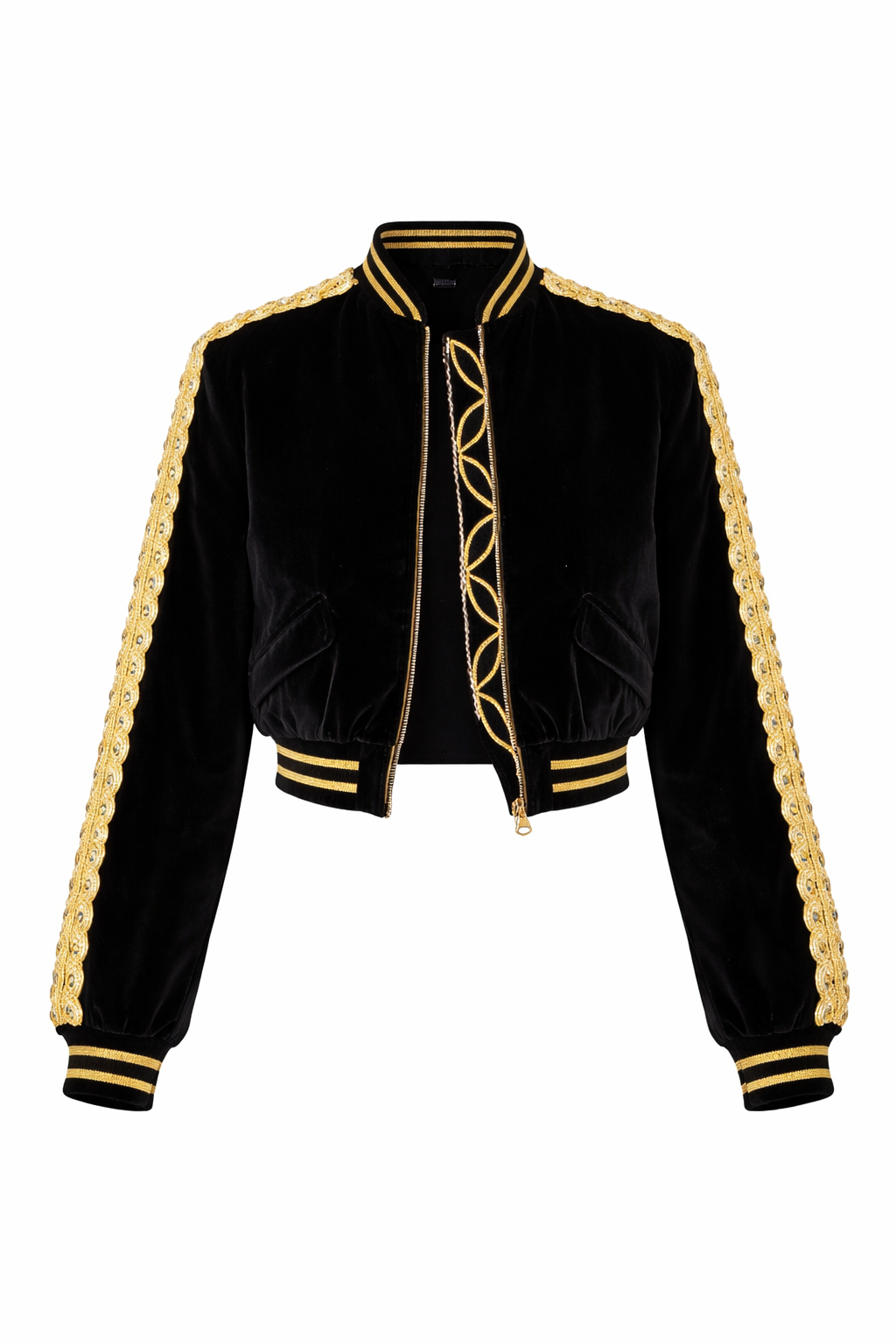 Chaqueta terciopelo con aplicaciones doradas y perlas